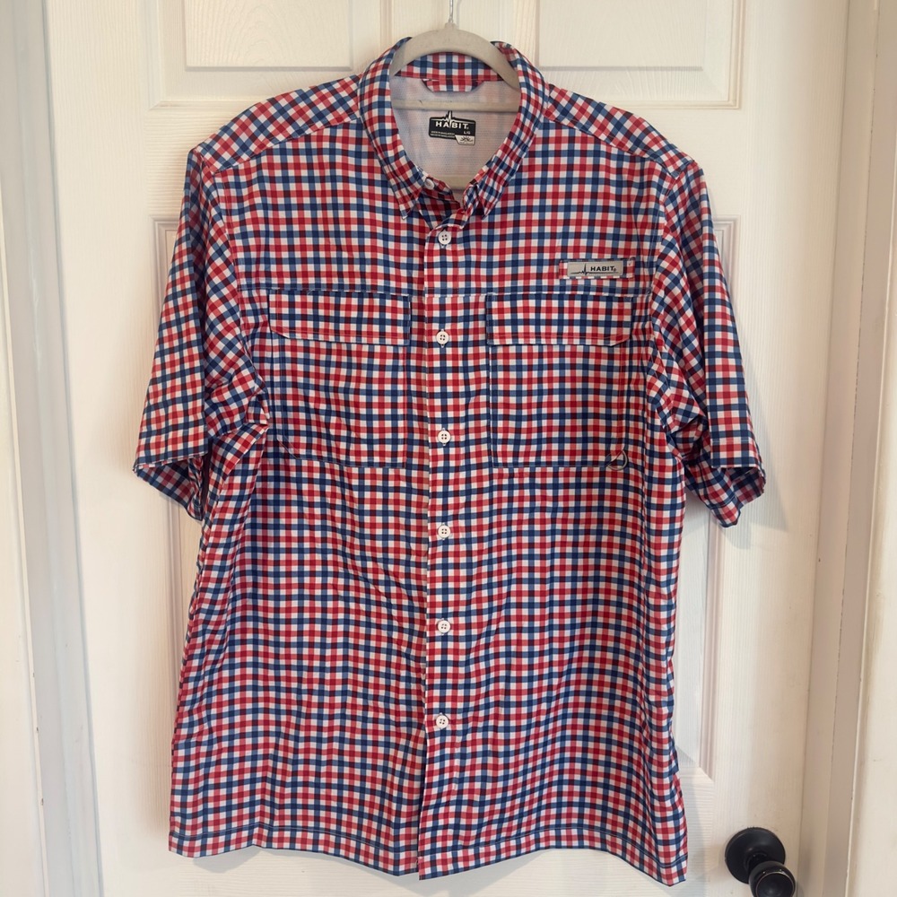Habit Mens Tackle Plaid Fishing Shirt Red Blue UPF 50 Short Sleeve Large TS10799